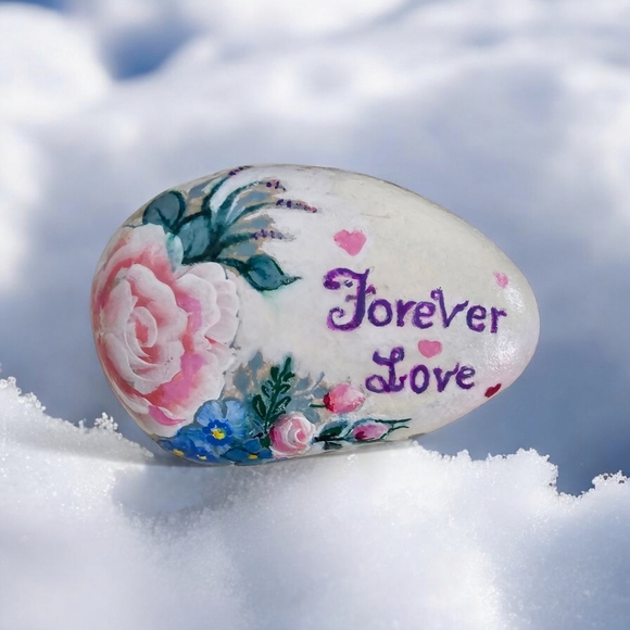 Painted LOVE river rock with rosy- peach roses, blue accent flowers, and hearts - Picture 7 of 17